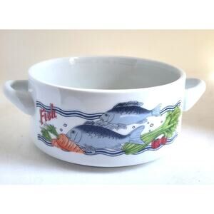 SOUP/GUMBO BOWL-Double Handles-"Fish"-Colorful Design on White
